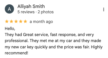 Google review from Alliyah Smith